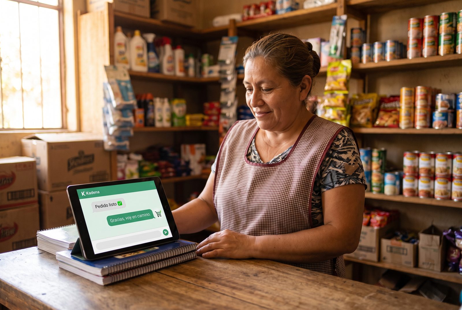 Dueña de tienda usando la automatización de WhatsApp de Kadena